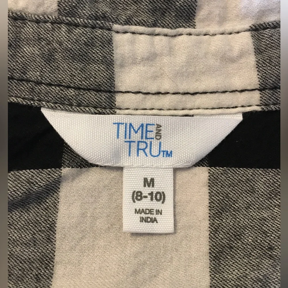 Time & Tru Black & White Checkered Button Up Flannel Shirt, Women's Medium